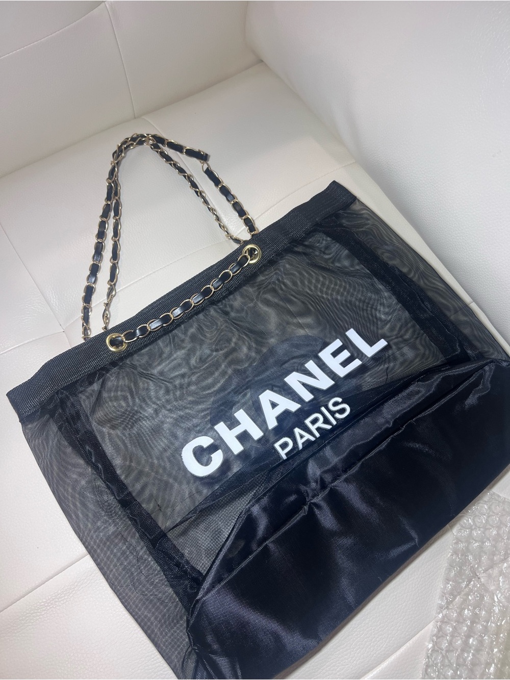 Black Mesh Tote with Gold-Trim Chain Handles